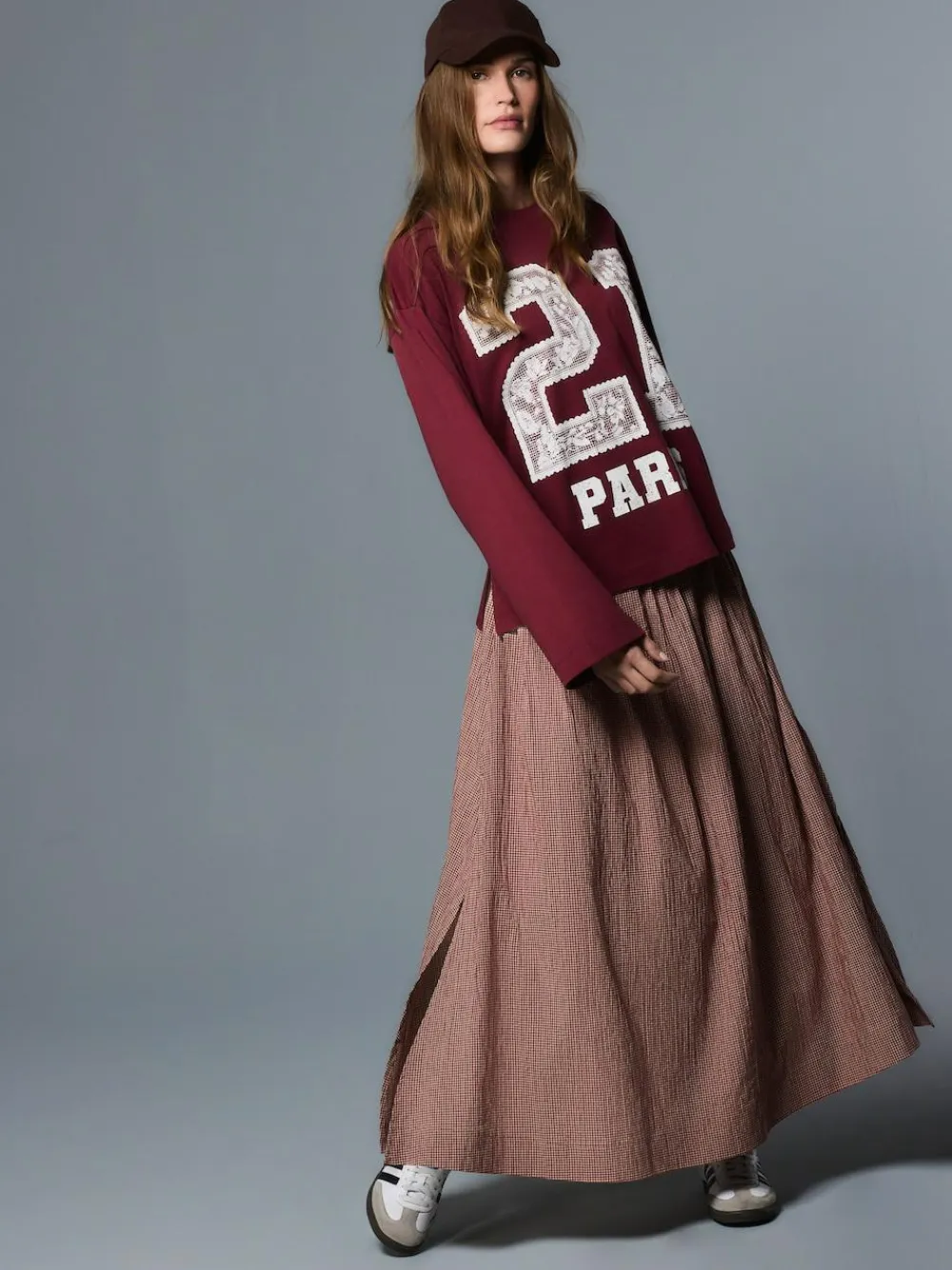 Hot Next Drop Waist Gingham Maxi Skirt Rust Brown