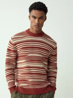 Outlet Next Rust Red Regular Fit Wave Stripe Design Crew Neck Jumper
