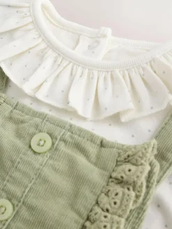 Next Sage Green Embroidered Long Sleeve Bodysuit and Cord Dungaree 2 Piece Baby Set (0mths-3yrs)^ Baby Girls|Baby Girls