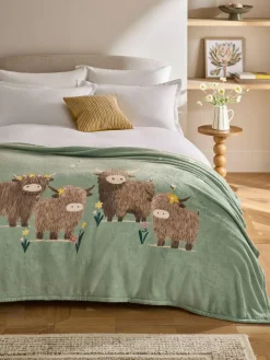 Next Sage Green Hamish The Highland Cow Spring Printed Fleece Throw^ Cushions & Throws