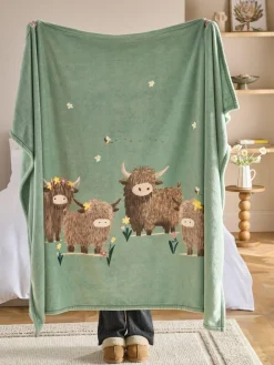 Next Sage Green Hamish The Highland Cow Spring Printed Fleece Throw^ Cushions & Throws