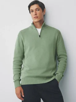 Next Sage Green Plain N.Premium Regular Fit 100% Cotton Premium Quarter Zip Jumper^ Nightwear|Knitwear
