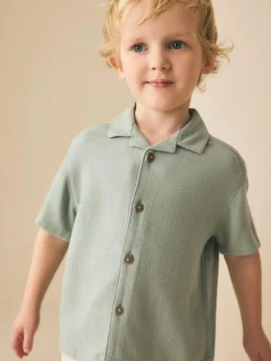 New Next Short Sleeves Linen Blend Revere Collar Shirt (3mths-7yrs) Sage Green