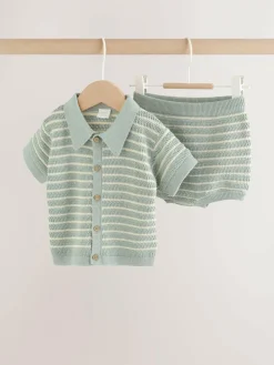 Sale Next Knitted Top and Shorts Baby Set (0mths-2yrs) Sage Green Stripe