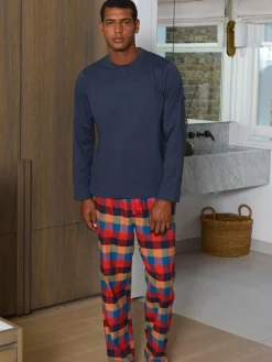 Outlet Savile Row Company Blue Checked Cotton Pyjama Bottoms & Long Sleeve T-Shirt Pyjama Set