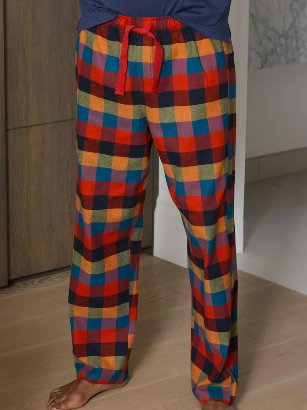 Outlet Savile Row Company Blue Checked Cotton Pyjama Bottoms & Long Sleeve T-Shirt Pyjama Set