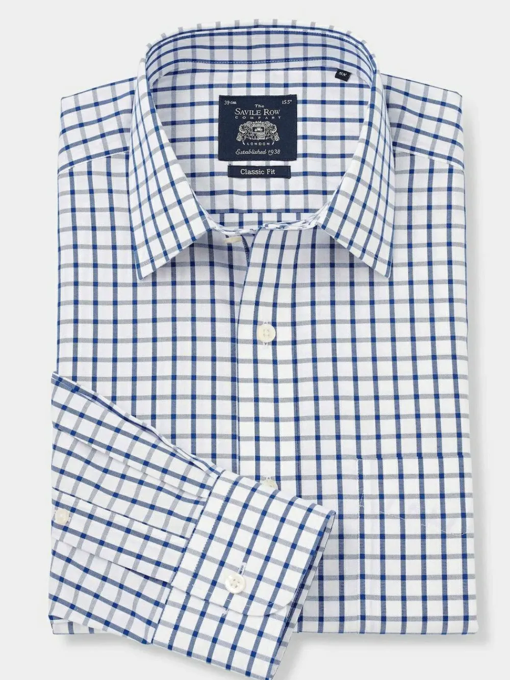 New Savile Row Company Blue Classic Fit Check Non-Iron Single Cuff Formal Shirt