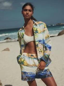 Sale Next Scenic Print Elasticated Waist Shorts with Linen