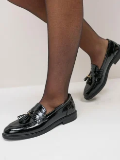 Schuh Black Wide Fit Layne Patent Tassel Loafers^Women Flats