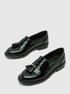 Schuh Black Wide Fit Layne Patent Tassel Loafers^Women Flats