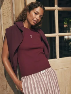 self. Burgundy Red Stripe Ribbed Vest Top and Long Leg Pyjamas Set^Women Pyjamas|All Night & Lounge