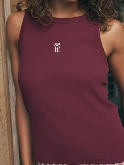 self. Burgundy Red Stripe Ribbed Vest Top and Long Leg Pyjamas Set^Women Pyjamas|All Night & Lounge