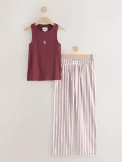 self. Burgundy Red Stripe Ribbed Vest Top and Long Leg Pyjamas Set^Women Pyjamas|All Night & Lounge