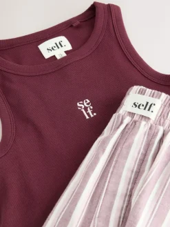 self. Burgundy Red Stripe Ribbed Vest Top and Long Leg Pyjamas Set^Women Pyjamas|All Night & Lounge