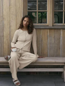 Discount self. Ribbed Button Through Pyjamas Oatmeal