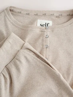 Discount self. Ribbed Button Through Pyjamas Oatmeal
