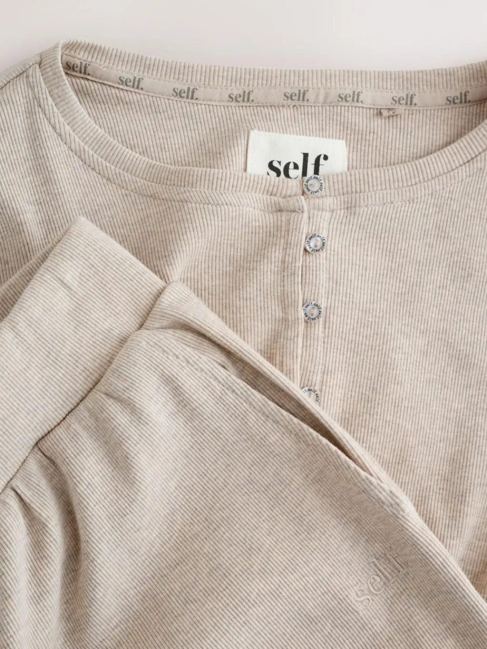 Discount self. Ribbed Button Through Pyjamas Oatmeal