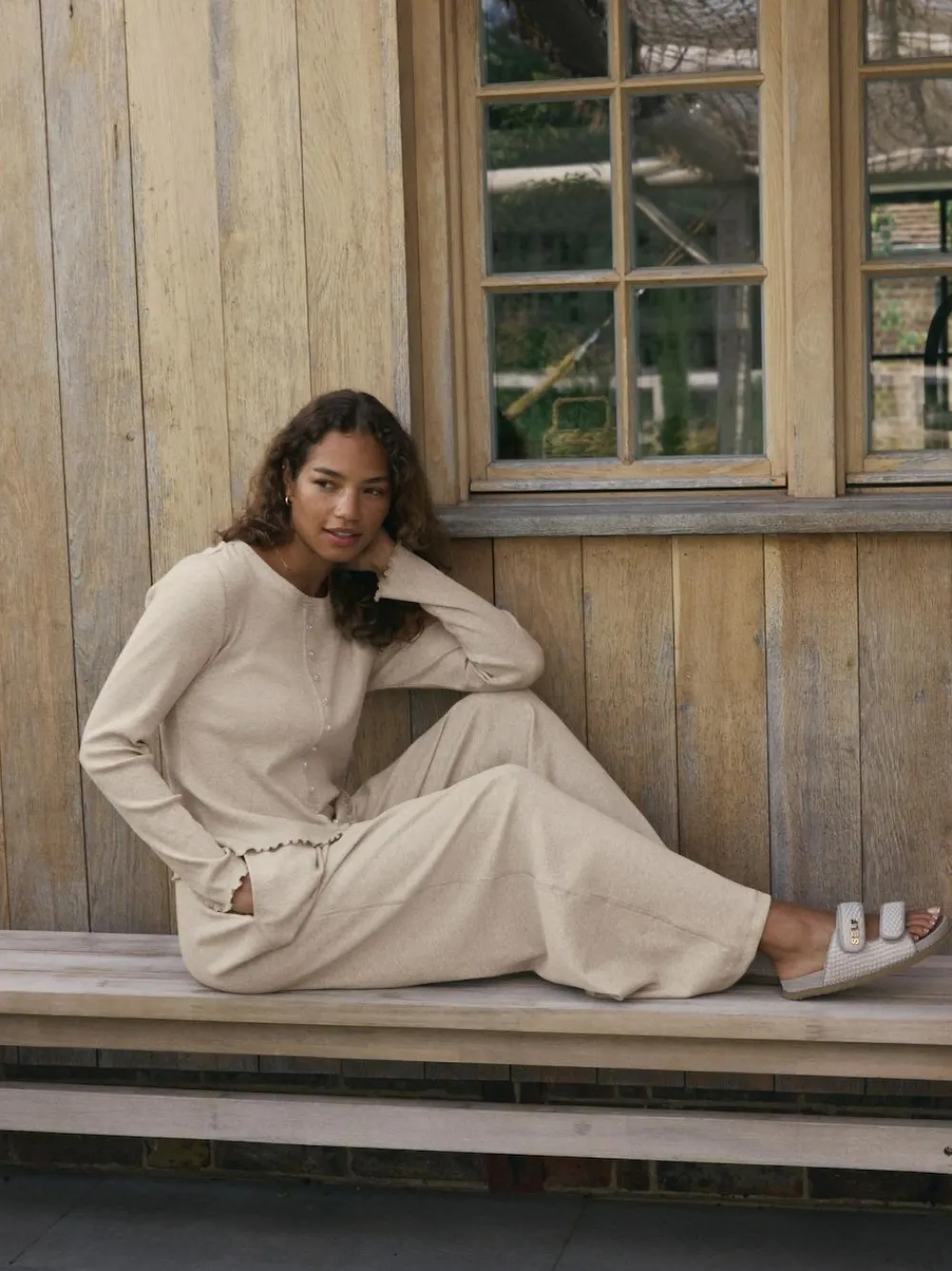 Discount self. Ribbed Button Through Pyjamas Oatmeal