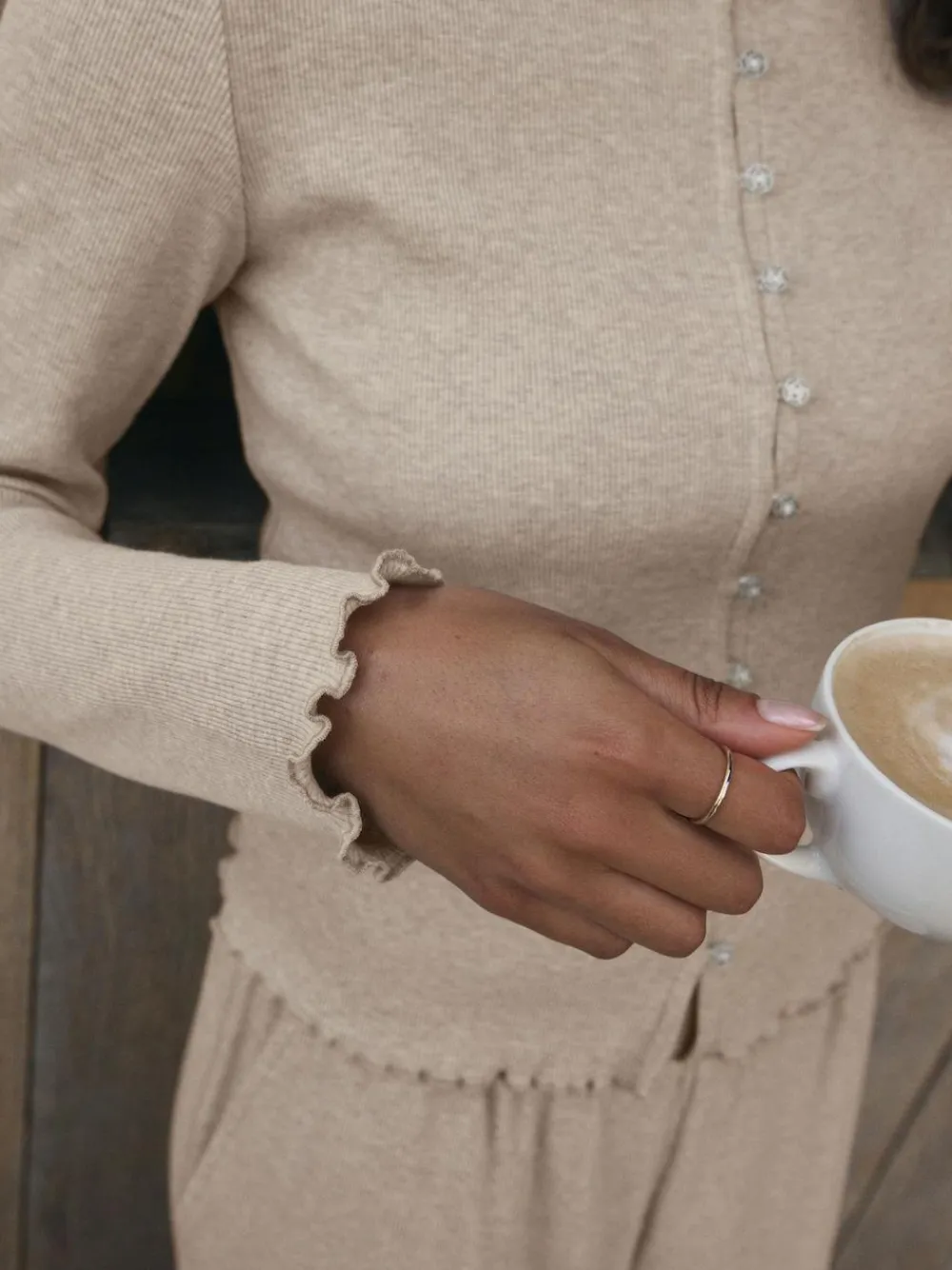 Discount self. Ribbed Button Through Pyjamas Oatmeal