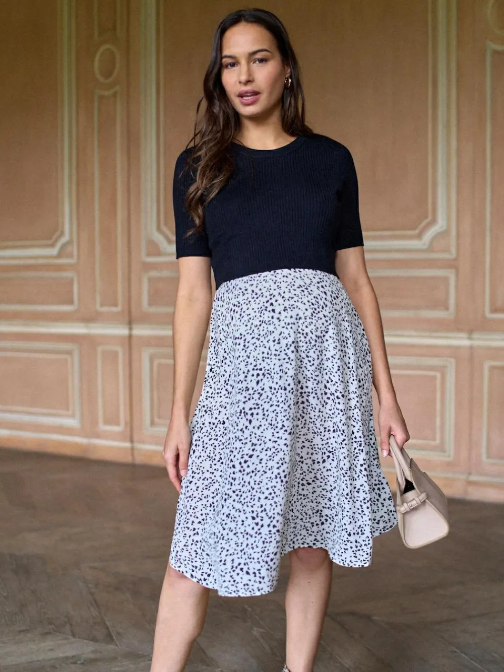 Clearance Seraphine Black & White Printed Maternity & Nursing Knit Top Dress