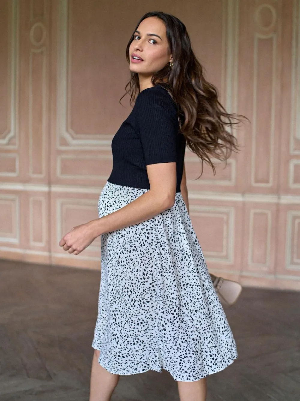 Clearance Seraphine Black & White Printed Maternity & Nursing Knit Top Dress