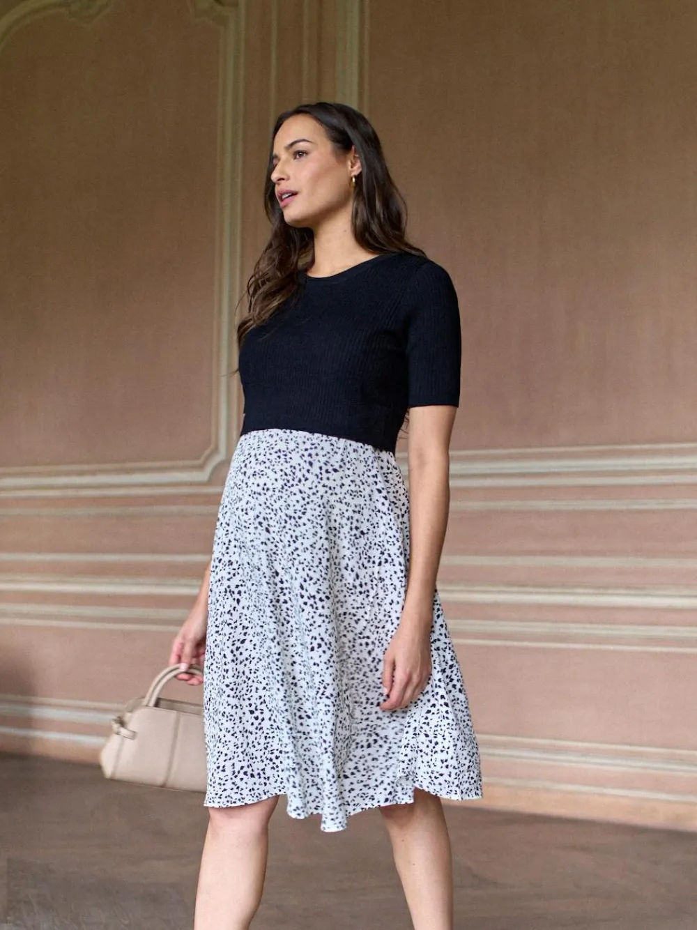 Clearance Seraphine Black & White Printed Maternity & Nursing Knit Top Dress