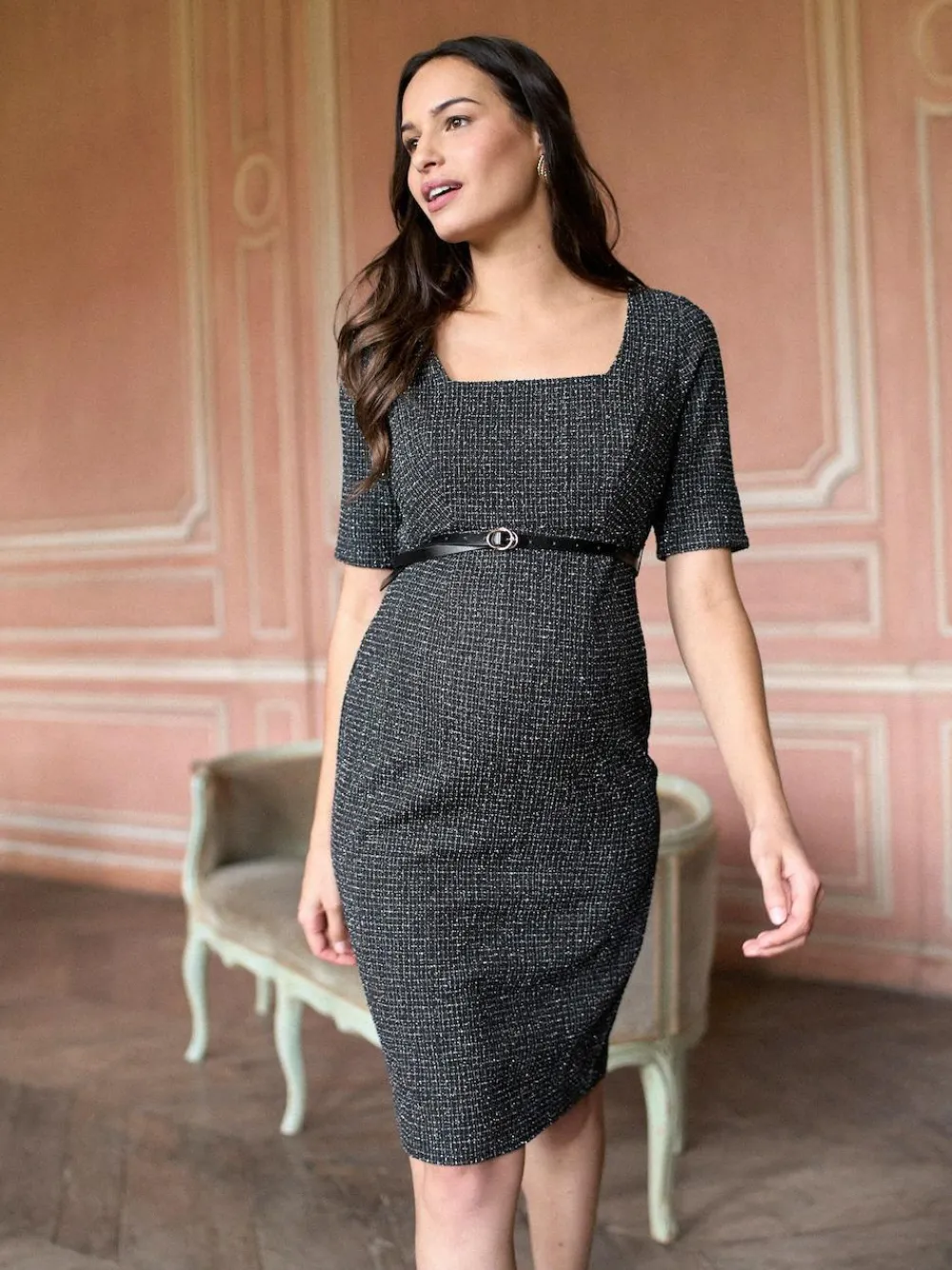 New Seraphine Black A-Line Stretch Tweed Maternity Dress