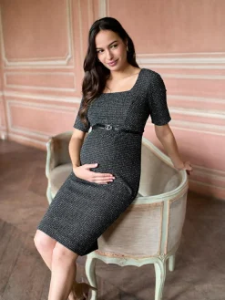 New Seraphine Black A-Line Stretch Tweed Maternity Dress