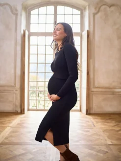 New Seraphine Black Crew Neck Layered Knit Maternity Dress