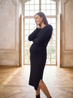 New Seraphine Black Crew Neck Layered Knit Maternity Dress