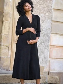 Clearance Seraphine Black Maternity Pointelle Knit Dress