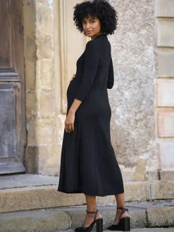 Clearance Seraphine Black Maternity Pointelle Knit Dress