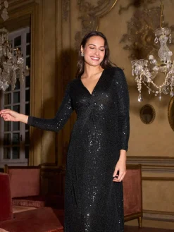 Hot Seraphine Black Sparkle Knot Front Sequin Maternity Maxi Dress