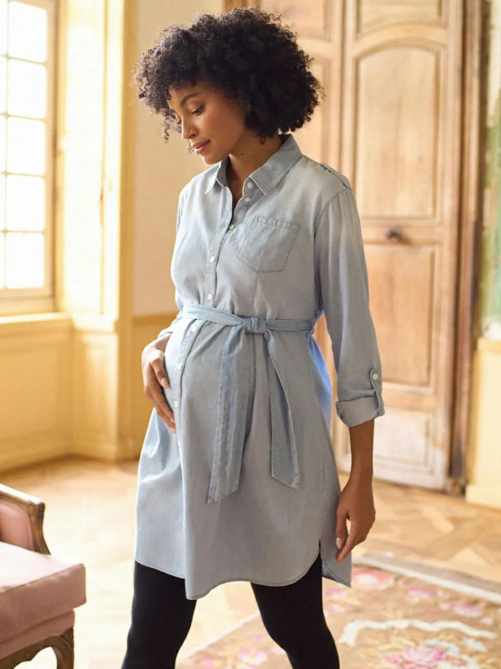 Seraphine Blue Denim Maternity & Nursing Chambray Shirt Dress^Women Dresses