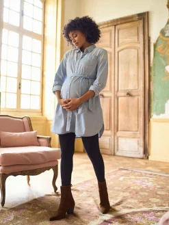 Seraphine Blue Denim Maternity & Nursing Chambray Shirt Dress^Women Dresses