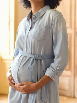 Seraphine Blue Denim Maternity & Nursing Chambray Shirt Dress^Women Dresses