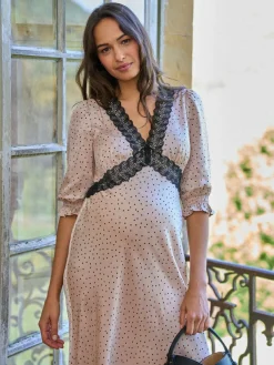 Clearance Seraphine Cream & Black Maternity Tea Dress With Lace Trim