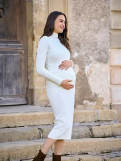 Seraphine Cream Maternity Premium Rib Knit and Nursing Dress^Women Midi Dresses|Knitwear