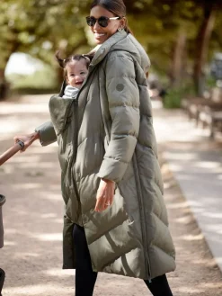 Clearance Seraphine 3-In-1 Long Chevron Puffer Maternity Coat Green