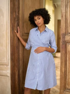Outlet Seraphine Mid Blue & White Stripe Maternity & Nursing Midi Wrap Shirt Dress