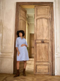 Outlet Seraphine Mid Blue & White Stripe Maternity & Nursing Midi Wrap Shirt Dress