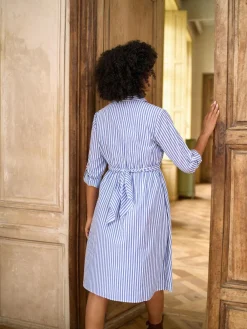 Outlet Seraphine Mid Blue & White Stripe Maternity & Nursing Midi Wrap Shirt Dress