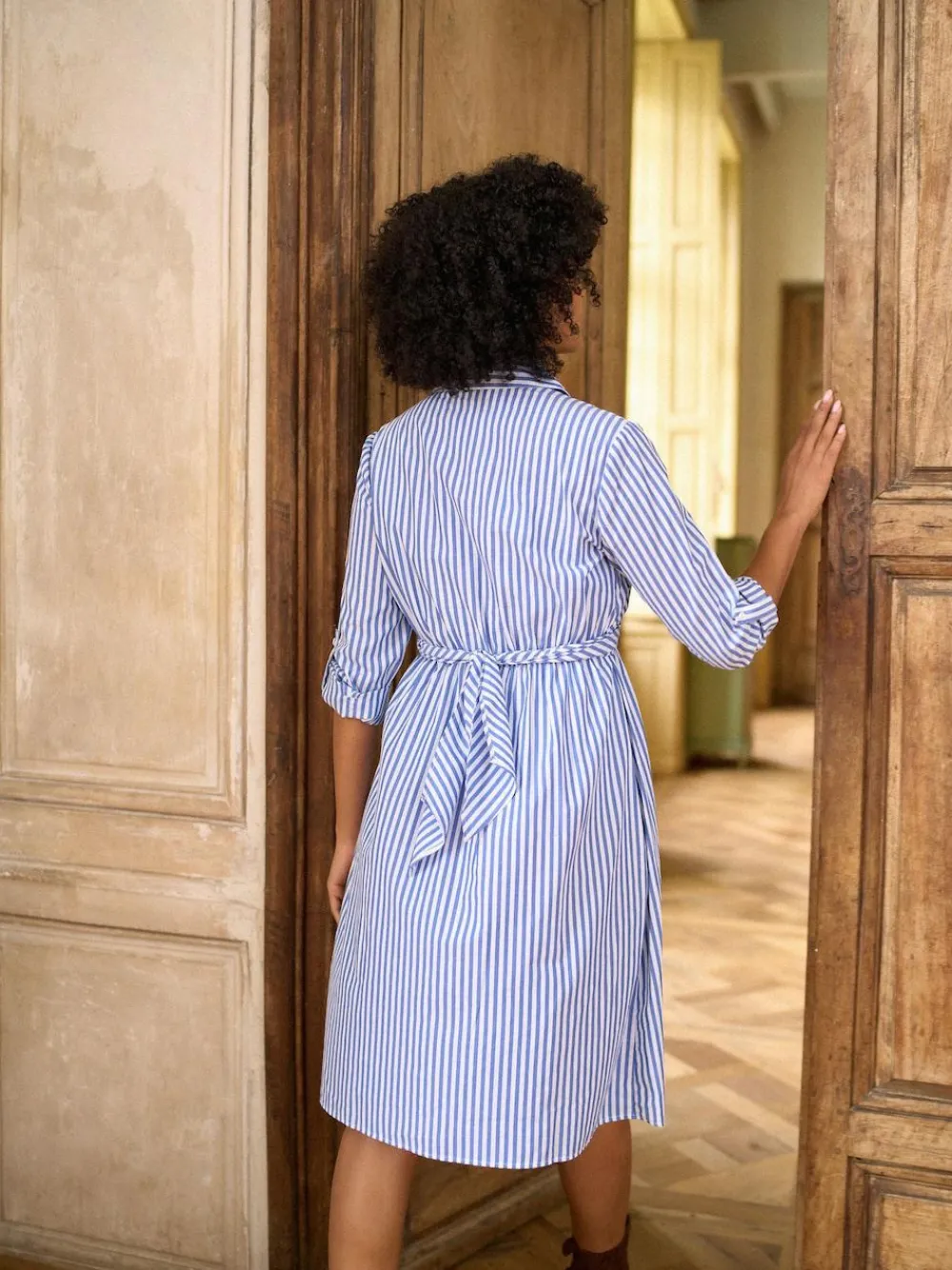 Outlet Seraphine Mid Blue & White Stripe Maternity & Nursing Midi Wrap Shirt Dress