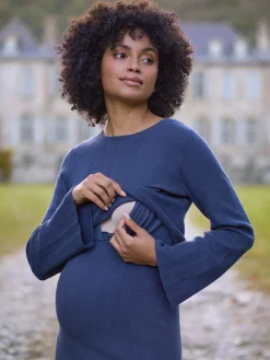 Seraphine Navy Blue Ribbed Knitted Maternity and Nursing Midi Dress^Women Dresses