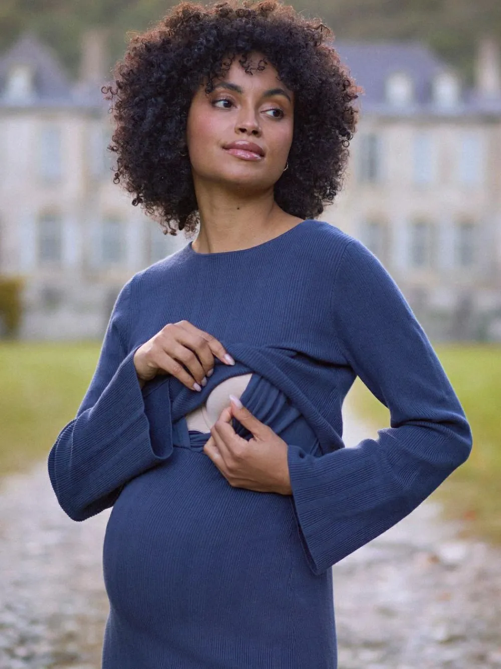 Seraphine Navy Blue Ribbed Knitted Maternity and Nursing Midi Dress^Women Dresses