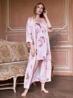 Hot Seraphine Pink Floral Print Maternity Satin Kimono