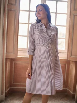 Sale Seraphine Taupe & White Stripe Maternity & Nursing Midi Wrap Shirt Dress