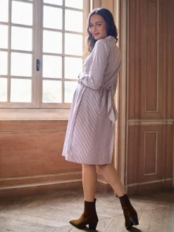 Sale Seraphine Taupe & White Stripe Maternity & Nursing Midi Wrap Shirt Dress