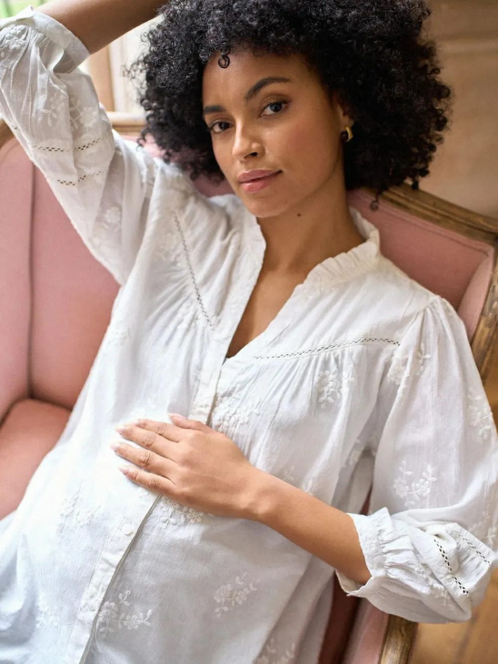 Seraphine White Ivory Maternity & Nursing Cotton Embroidered Blouse^Women Tops & T-Shirts|Blouses & Shirts
