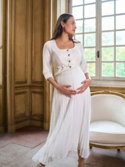 Sale Seraphine White Ivory Occasion Maternity & Nursing Bridal Dress With Tweed Bodice & Floaty Pleated Skirt